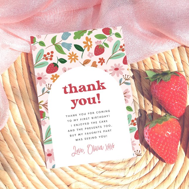 Strawberry Berry First Birthday Party Thank You Card (Card Front Mock-up)