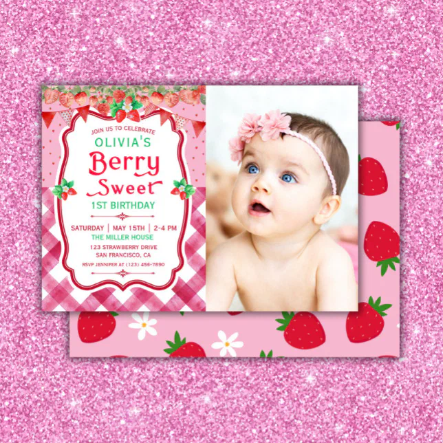 Strawberry Berry First Birthday Photo Girl Party Invitation | Zazzle