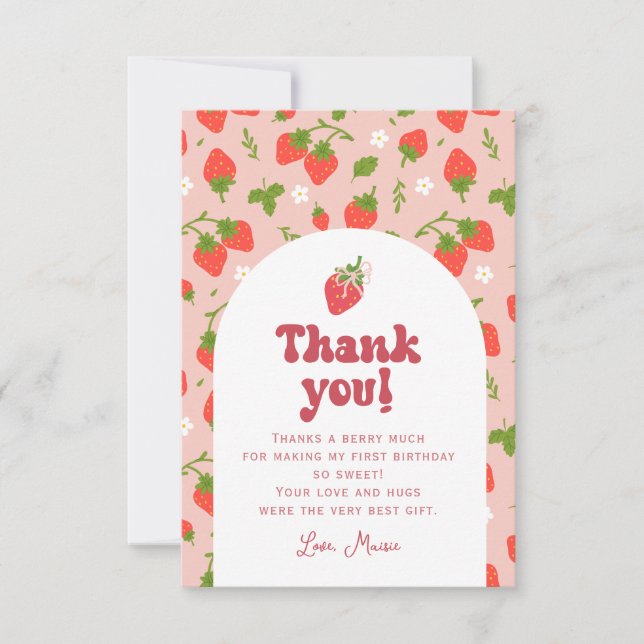 Strawberry Berry First Birthday Photo Thank You Card (Front)