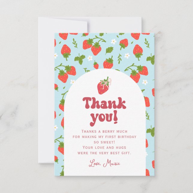 Strawberry Berry First Birthday Photo Thank You Card (Front)