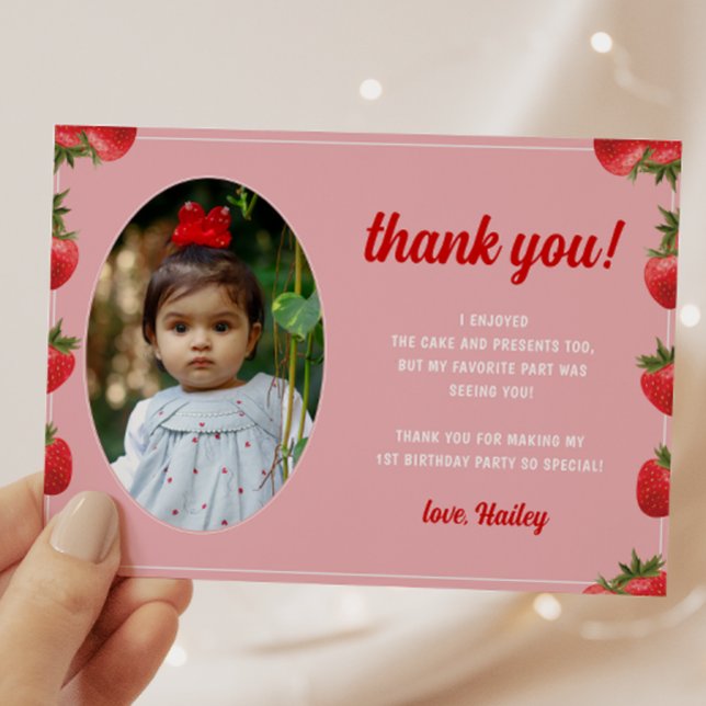 Strawberry Berry First Birthday Retro Photo Thank You Card (Creator Uploaded)