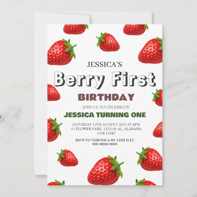 Strawberry Berry First Birthday Simple Cute Baby  Invitation (Front)