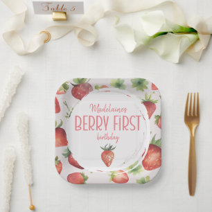 Strawberry Berry First Birthday Square Paper Plates