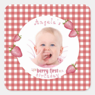 Strawberry Berry First Birthday Square Sticker