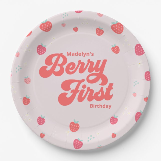 Strawberry Berry First Birthday Summer Napkins Paper Plates (Front)
