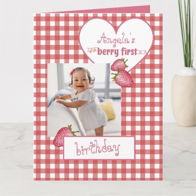 Strawberry Berry First Birthday Thank You Card (Front)