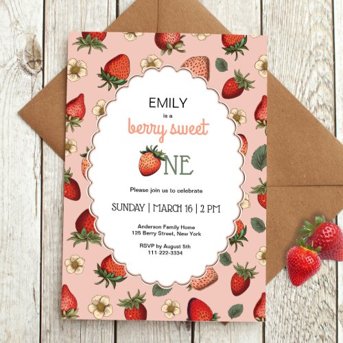 Strawberry Berry First Birthday Vintage Invitation