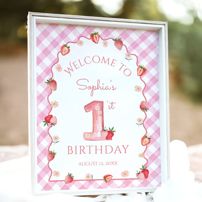 Strawberry Berry First Birthday Wavy Sweet Welcome Poster (Creator Uploaded)