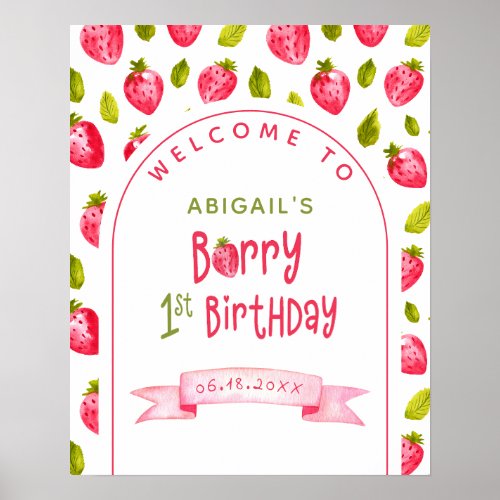 Strawberry Berry First Birthday Welcome Poster