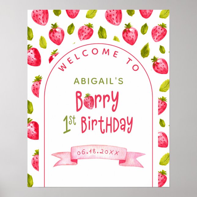 Strawberry Berry First Birthday Welcome Poster (Front)