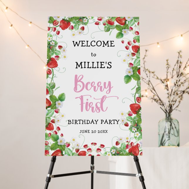 Strawberry Berry First Birthday Welcome Sign (In Situ (Stand))