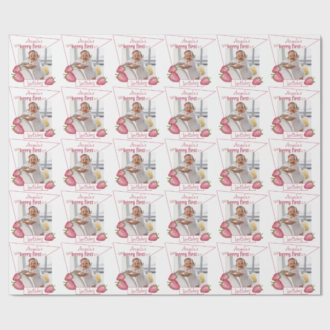 Strawberry Berry First Birthday Wrapping Paper (Flat)