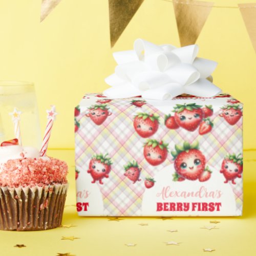 Strawberry Berry First Birthday Wrapping Paper