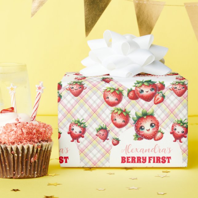 Strawberry Berry First Birthday Wrapping Paper (Birthday Party)