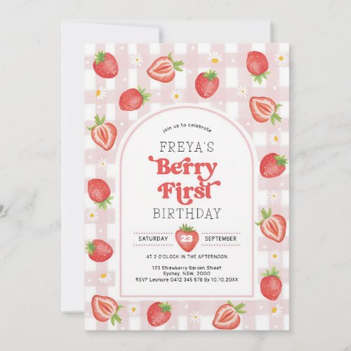 Strawberry Berry First Girl 1st Birthday Invitation