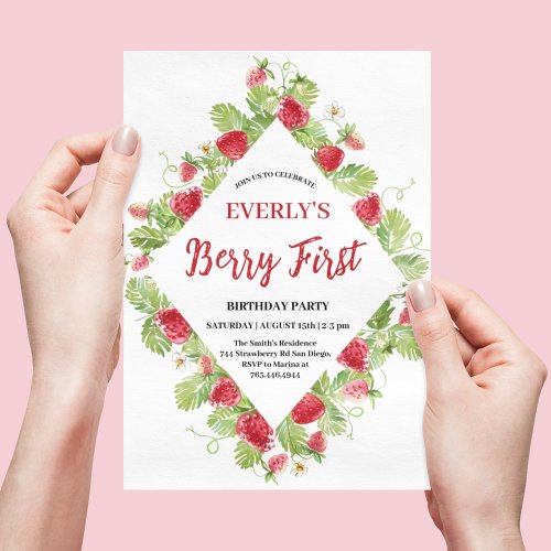 Strawberry Berry First Girl 1st Birthday Invitation