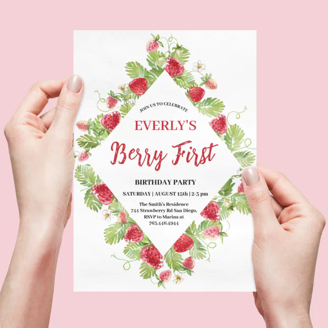 Strawberry Berry First Girl 1st Birthday Invitation | Zazzle