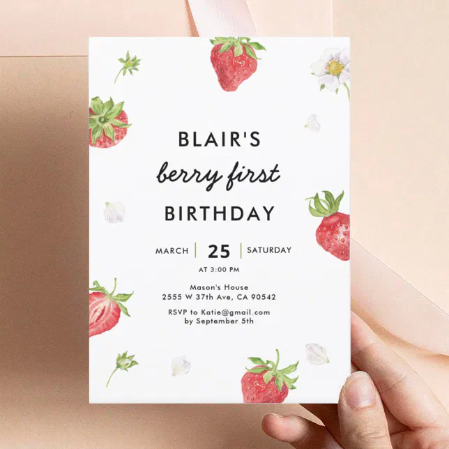 Strawberry Berry First Girl 1st Birthday Invitation | Zazzle