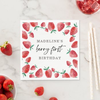 Strawberry Berry First Girl 1st Birthday Napkins by Anietillustration at Zazzle