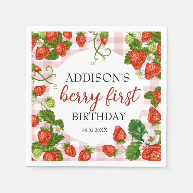 Strawberry Berry First Girl 1st Birthday Napkins (Front)