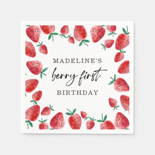 Strawberry Berry First Girl 1st Birthday Napkins
