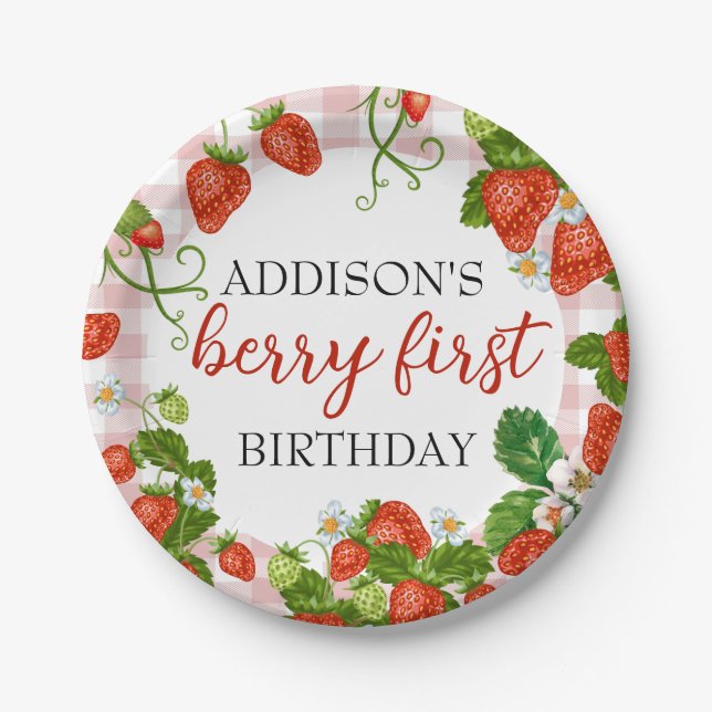 Strawberry Berry First Girl 1st Birthday Paper Plates (Front)