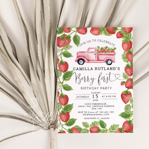 Strawberry Berry First Girl 1st Birthday Party Invitation