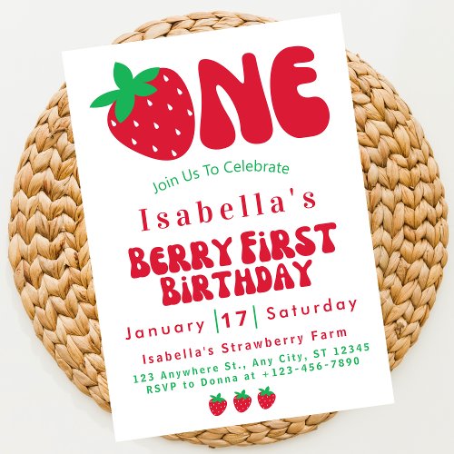 Strawberry Berry First Girl 1st Birthday Party  Invitation