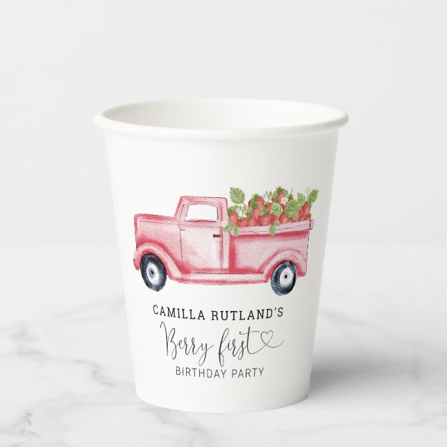 Strawberry Berry First Girl 1st Birthday Party Paper Cups (Front)