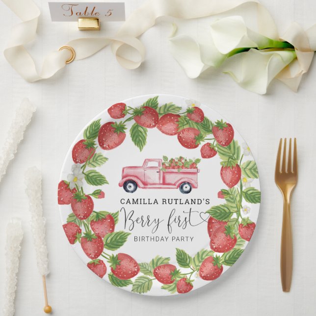 Strawberry Berry First Girl 1st Birthday Party Paper Plates (Wedding)