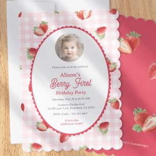 Strawberry-Berry First Girl 1st Birthday Photo Invitation
