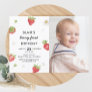 Strawberry Berry First Girl 1st Birthday Photo Invitation