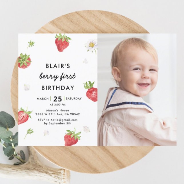 Strawberry Berry First Girl 1st Birthday Photo Invitation (Creator Uploaded)