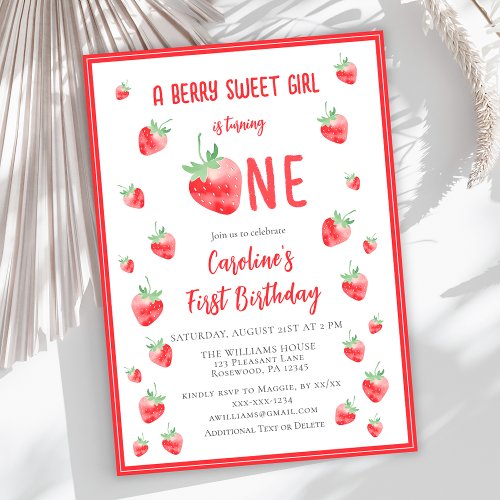 Strawberry Berry First Girl Birthday Invitation