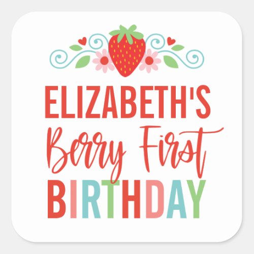 Strawberry Berry First Girl Birthday Square Sticker