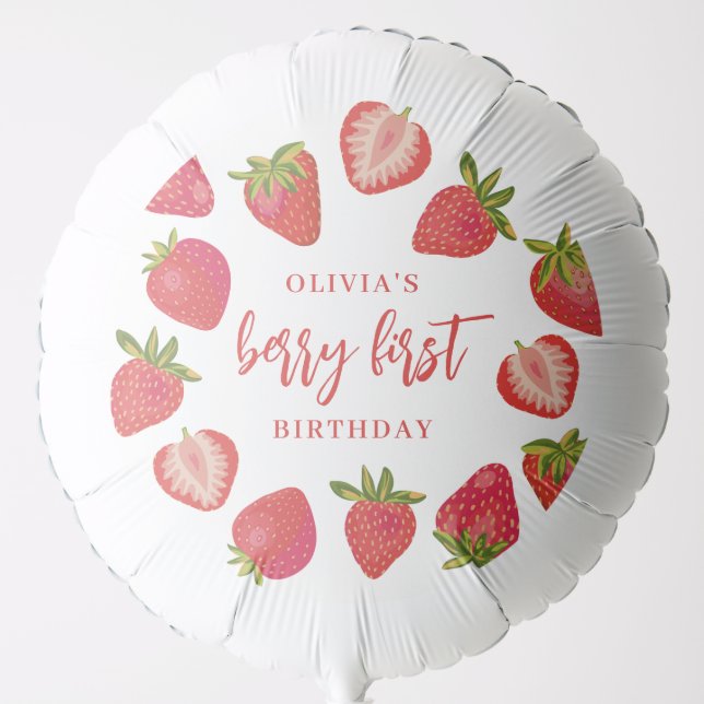 Strawberry Berry First Girls Personalized Birthday Balloon (Front)