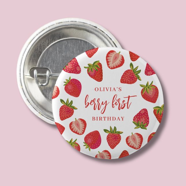 Strawberry Berry First Girls Personalized Birthday Button (Strawberry girls berry first birthday button)