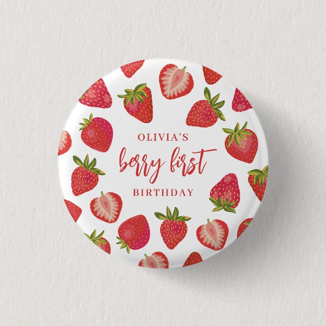 Strawberry Berry First Girls Personalized Birthday Button (Front)