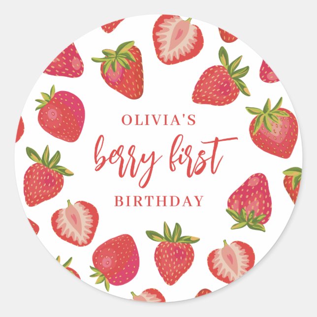 Strawberry Berry First Girls Personalized Birthday Classic Round Sticker (Front)