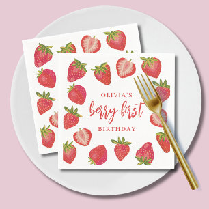 Strawberry Berry First Girls Personalized Birthday Napkins