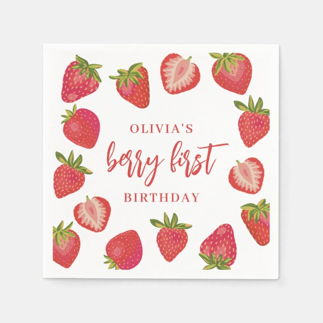 Strawberry Berry First Girls Personalized Birthday Napkins (Front)