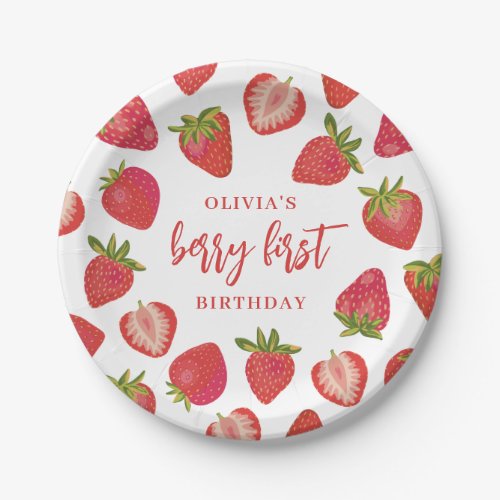Strawberry Berry First Girls Personalized Birthday Paper Plates