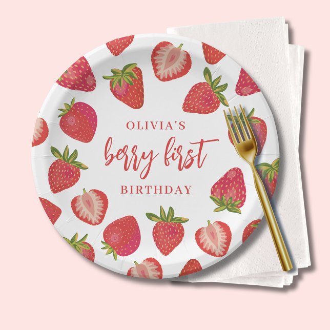 Strawberry Berry First Girls Personalized Birthday Paper Plates (Strawberry berry first birthday paper plates and matching party decor.)