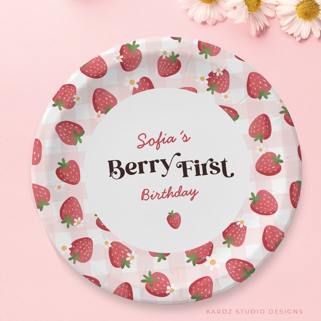 Strawberry Berry First Party Paper Plates (The image shows a 7 in. round plate, choose your preferred size and personalize with girl´s name.)