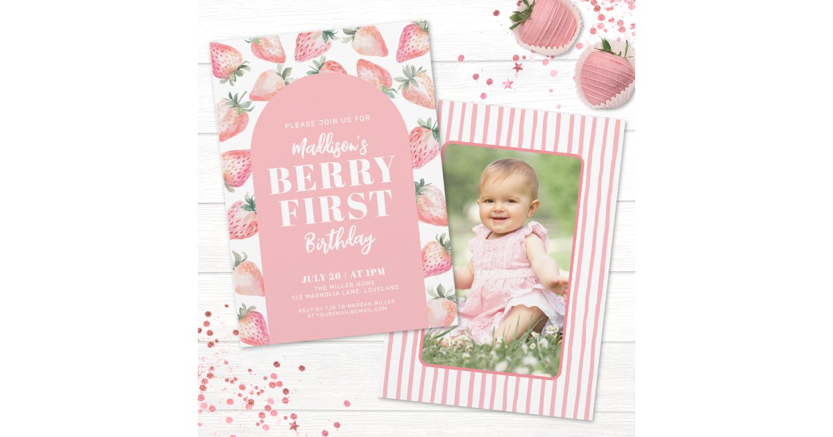 Strawberry Berry First Photo 1st Birthday Party Invitation | Zazzle