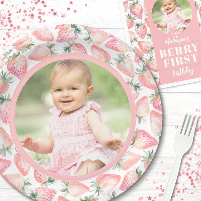 Strawberry Berry First Photo 1st Birthday Party Paper Plates (Strawberry Berry First Photo 1st Birthday Party Paper Plates)