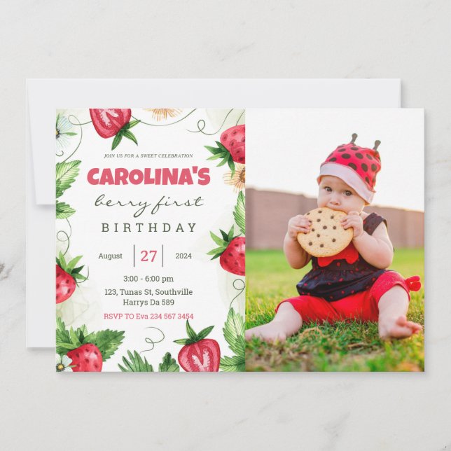 Strawberry berry first Photo Birthday Invitation (Front)
