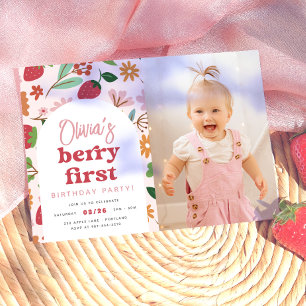 Strawberry Berry First Photo Birthday Party Invitation