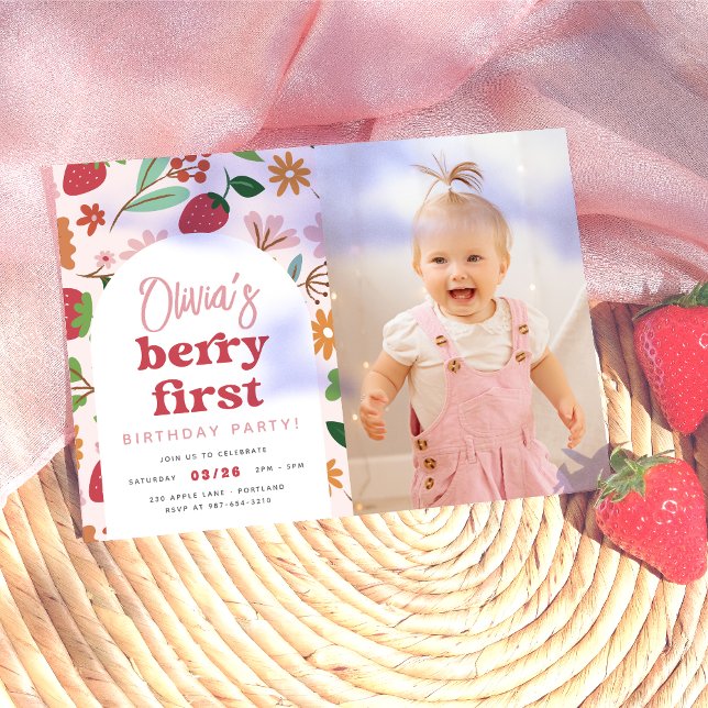 Strawberry Berry First Photo Birthday Party Invitation (Card Front Mock-up)