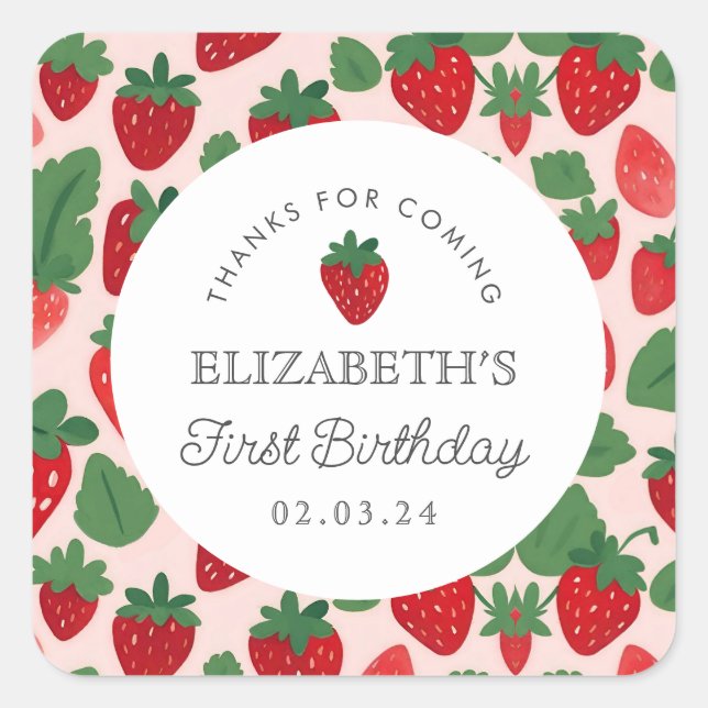 Strawberry Berry First Picnic Birthday  Square Sticker (Front)
